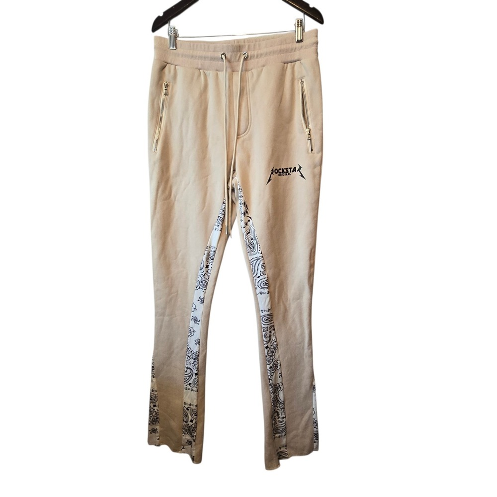 Rockstar Original Everest Sweatpants Mens XL Beige Floral Inset 32"Wx40"L No Hem